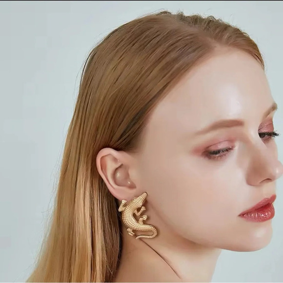 Alligator Gold Textured Statement Earrings - Picture 4 of 16